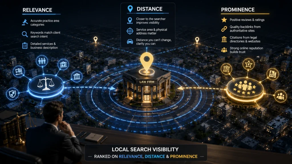 Local SEO ranking factors for lawyers showing relevance, distance, and prominence for local search visibility