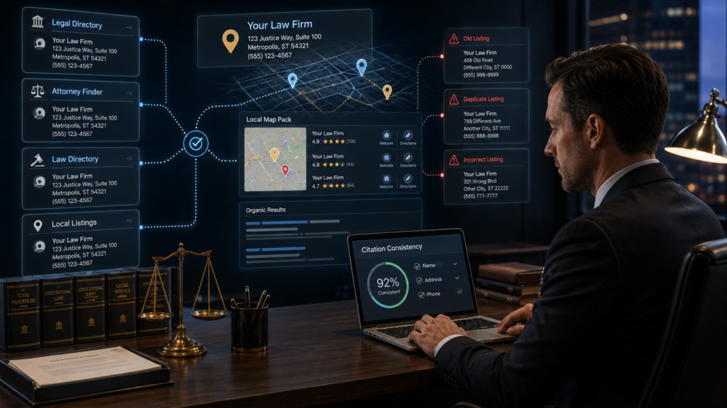 NAP citation consistency for law firms across legal directories and local search results