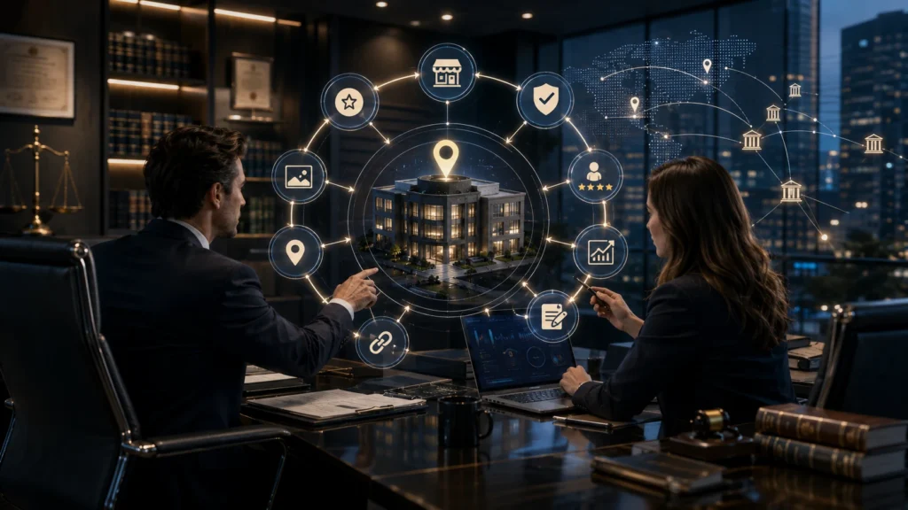 Ongoing Google Business Profile management for law firms showing local SEO optimization, reviews, citations, and visibility analytics