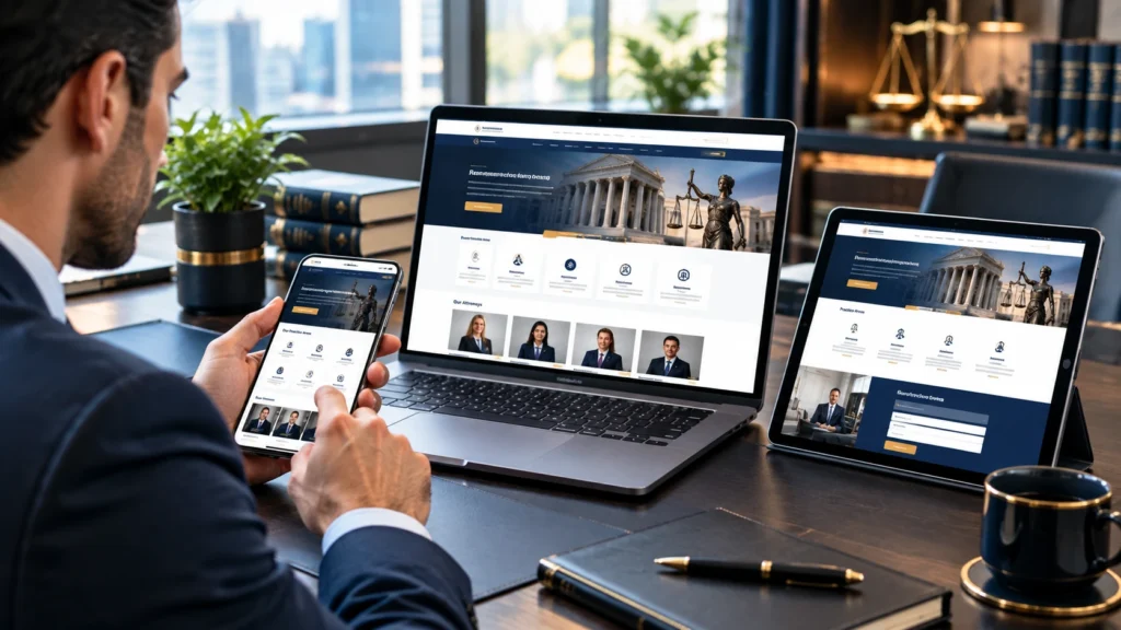 Responsive law firm website displayed on smartphone, laptop, and tablet