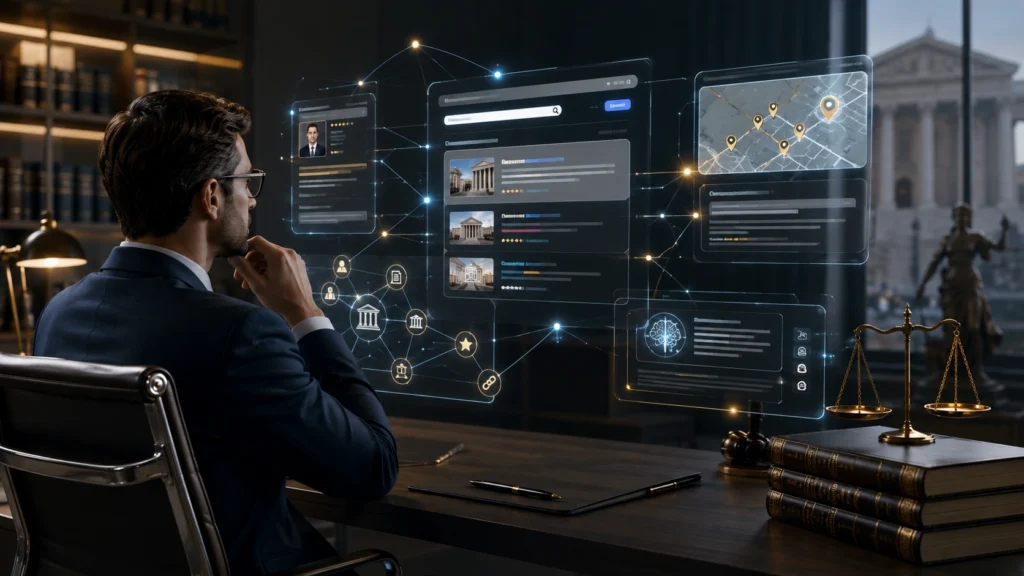 Attorney analyzing legal SEO, AI search results, local map visibility, and digital ranking signals