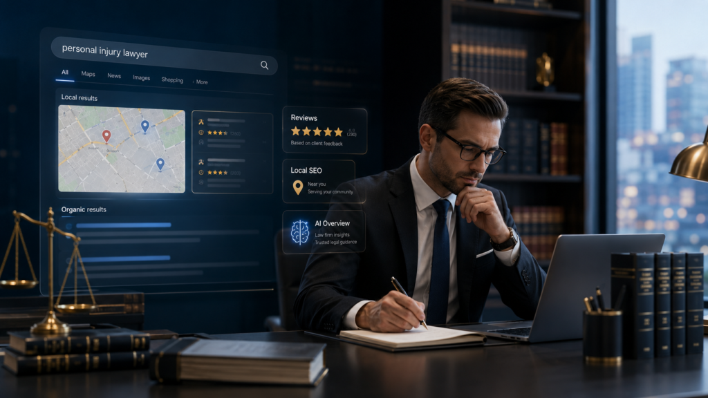 SEO for law firms with an attorney reviewing local search and organic search results