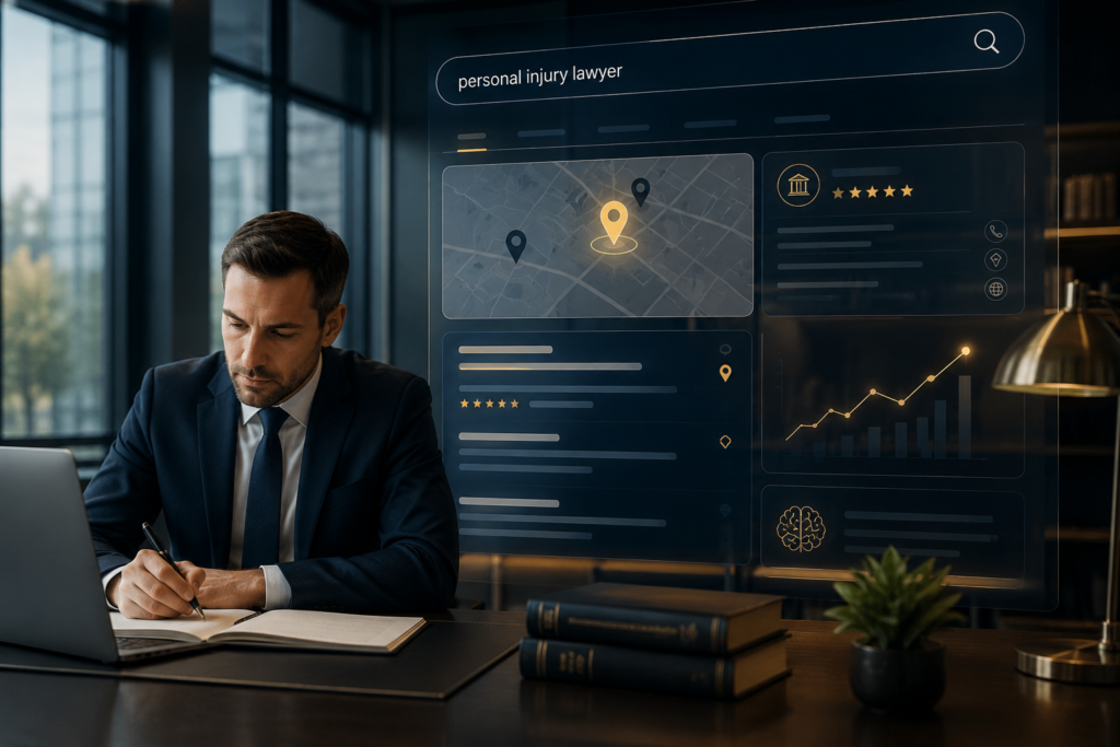 Attorney working in a modern law office with a digital search interface showing personal injury lawyer results, local map listings, reviews, and SEO analytics