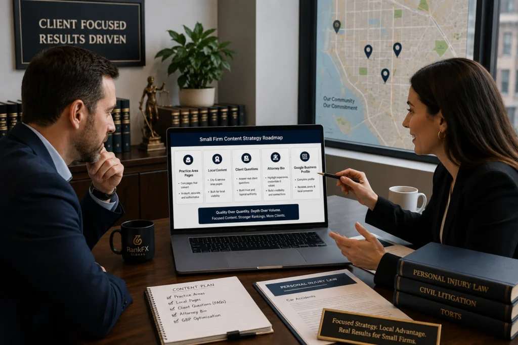 Small law firm content strategy showing practice area pages, local content, client questions, attorney bio, and Google Business Profile