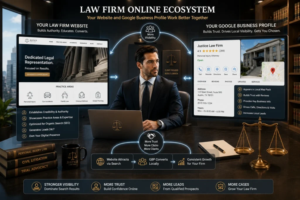 Law firm website and Google Business Profile working together to improve attorney SEO and local search visibility